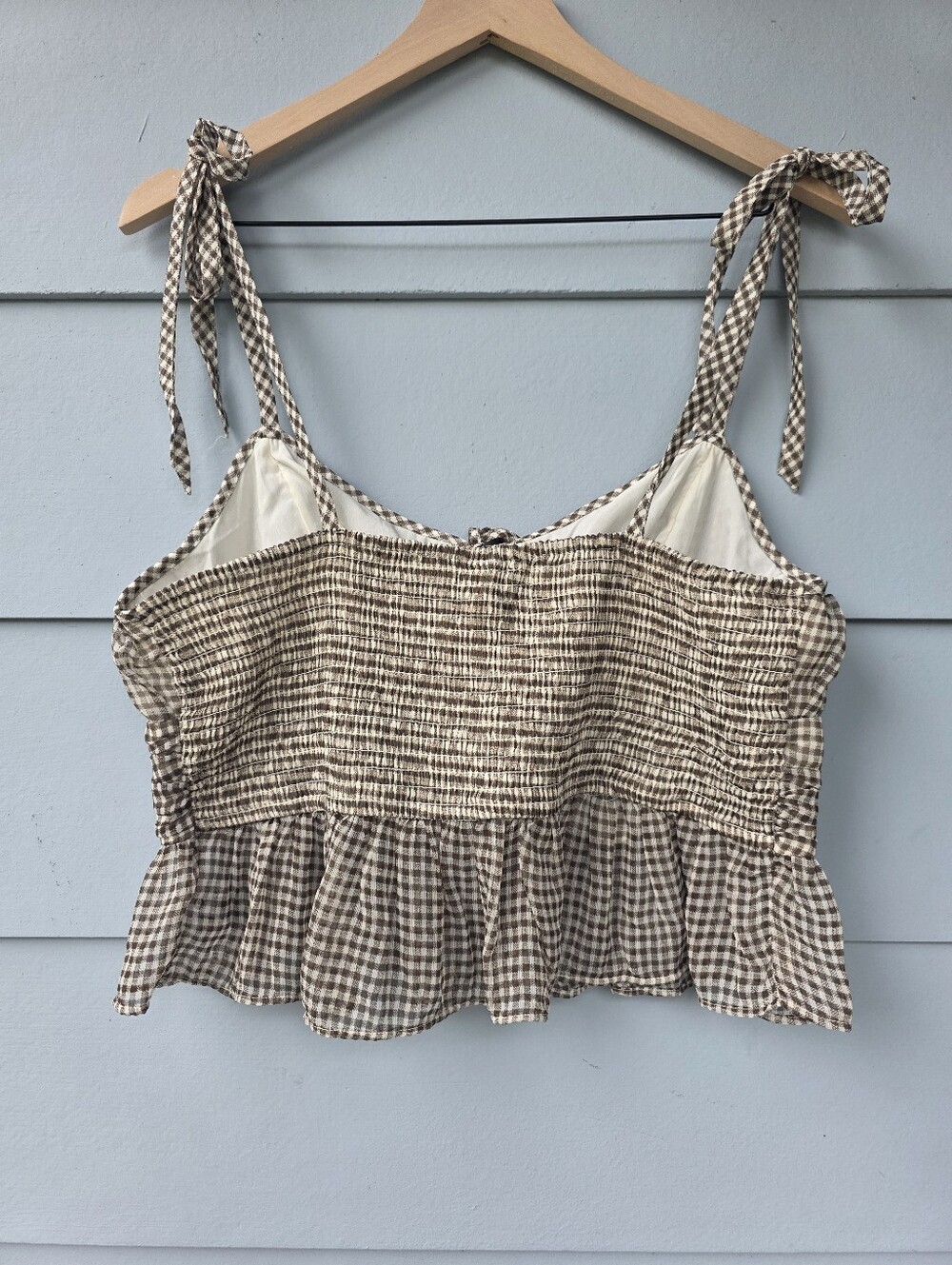 American Eagle Outfitters Women's L Brown/White Gingham Smocked Tie Cami Tank - Picture 4 of 9